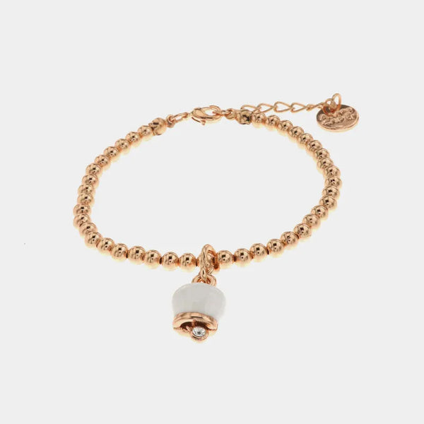 Bracciale in Metallo maglia a sfere con campanella portafortuna pendente bianca impreziosita da cristalli — collezione tragara