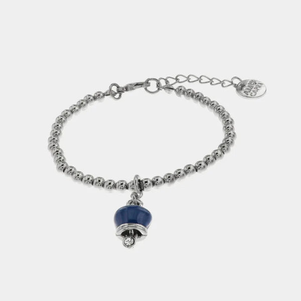 Bracciale in Metallo maglia a sfere con campanella portafortuna pendente blu impreziosita da cristalli — collezione tragara