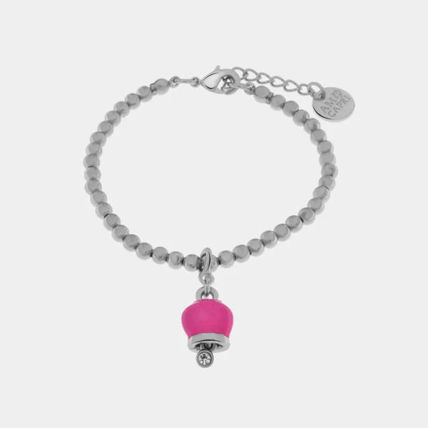 Bracciale in Metallo maglia a sfere con campanella portafortuna pendente impreziosita da cristalli — collezione tragara