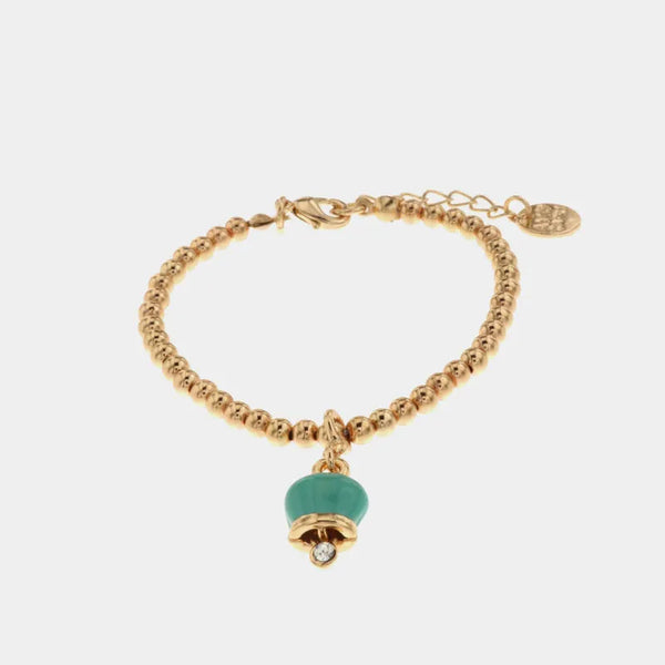 Bracciale in Metallo maglia a sfere con campanella portafortuna pendente verde acqua — collezione tragara