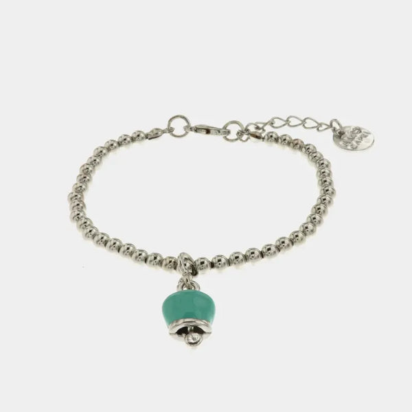 Bracciale in Metallo maglia a sfere con campanella portafortuna pendente  verde acqua impreziosita da cristalli — collezione tragara