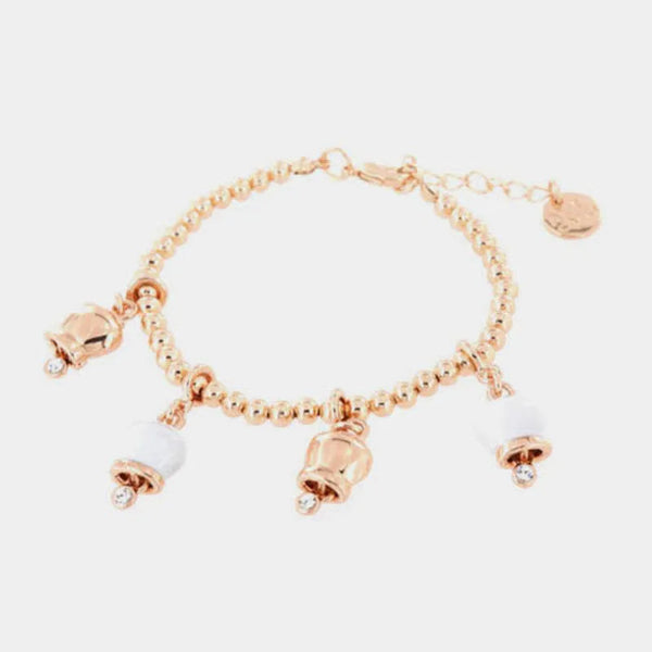 Bracciale in Metallo maglia sfere, con ciondoli campanelle portafortuna, impreziosite da smalto bianco e cristalli — collezione tragara