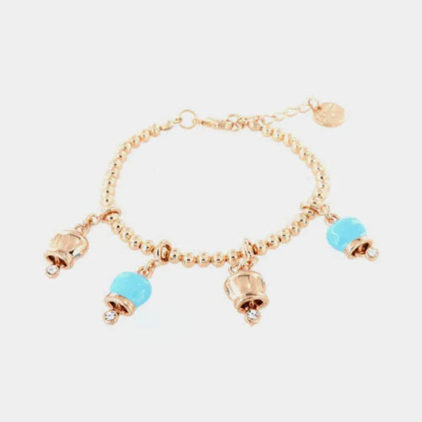 Bracciale in Metallo maglia sfere, con ciondoli campanelle portafortuna, impreziosite da smalto turchese e cristalli — collezione tragara