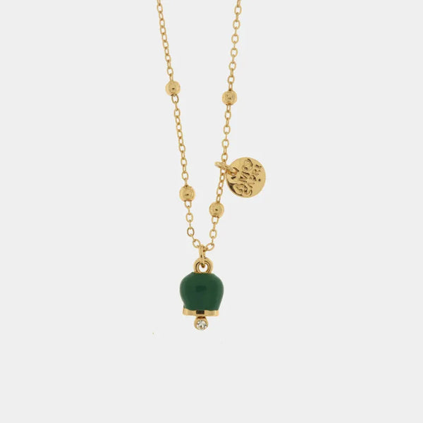 Collana in Metallo con campanella in smalto verde — collezione tragara