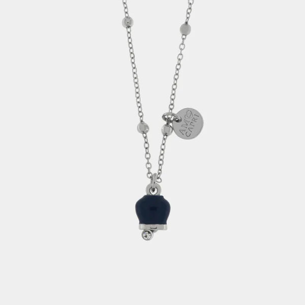 Collana in Metallo con campanella portafortuna pendente blu, impreziosita da punto luce — collezione tragara