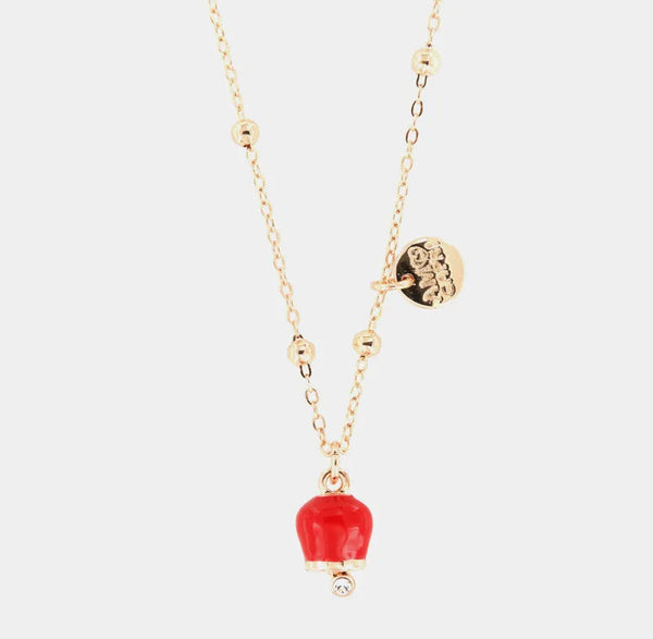 Collana in Metallo con campanella portafortuna pendente, impreziosita da smalto rosso e cristalli — collezione tragara