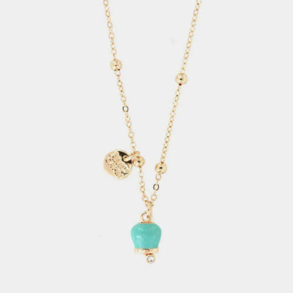 Collana in Metallo con campanella portafortuna pendente, impreziosita da smalto verde e cristalli — collezione tragara