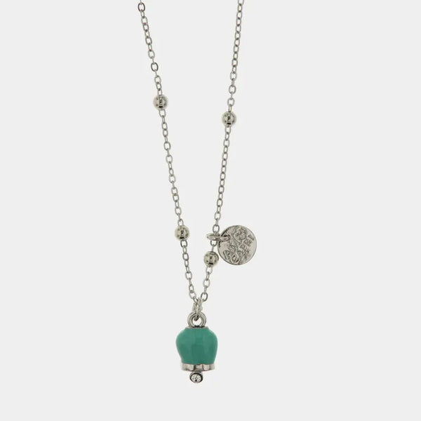 Collana in Metallo con campanella portafortuna pendente verde acqua, impreziosita da punto luce — collezione tragara