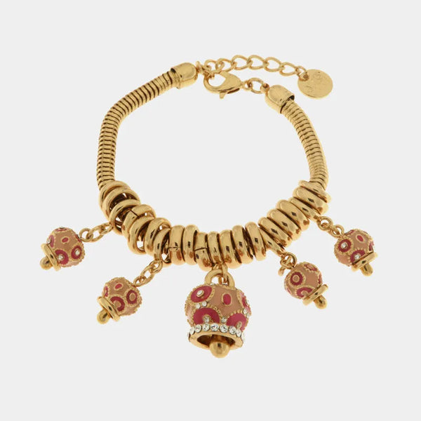 Bracciale in Metallo con campanelle colorate in smalto rosa e cristalli bianchi — collezione via camerelle