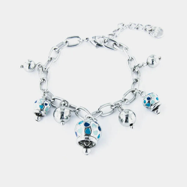 Bracciale in Metallo con campanelle pendenti a trama cuori impreziositi da smalti nelle tonalità delll'azzurro — collezione via camerelle