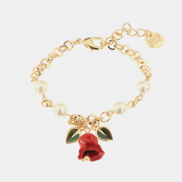 Bracciale in Metallo con perle, foglie e campanella a forma di rosa impreziosita da smalti colorati — collezione via camerelle