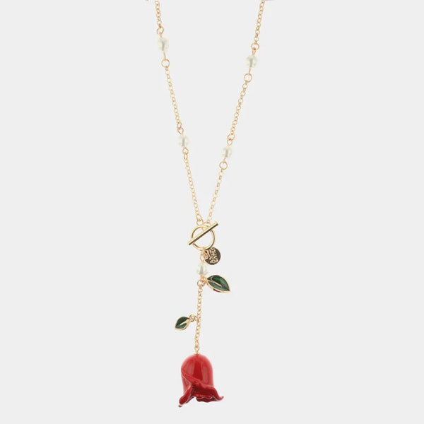 Collana in Metallo con chiusura a T e campanella pendente a forma di rosa rossa e foglie — collezione via camerelle